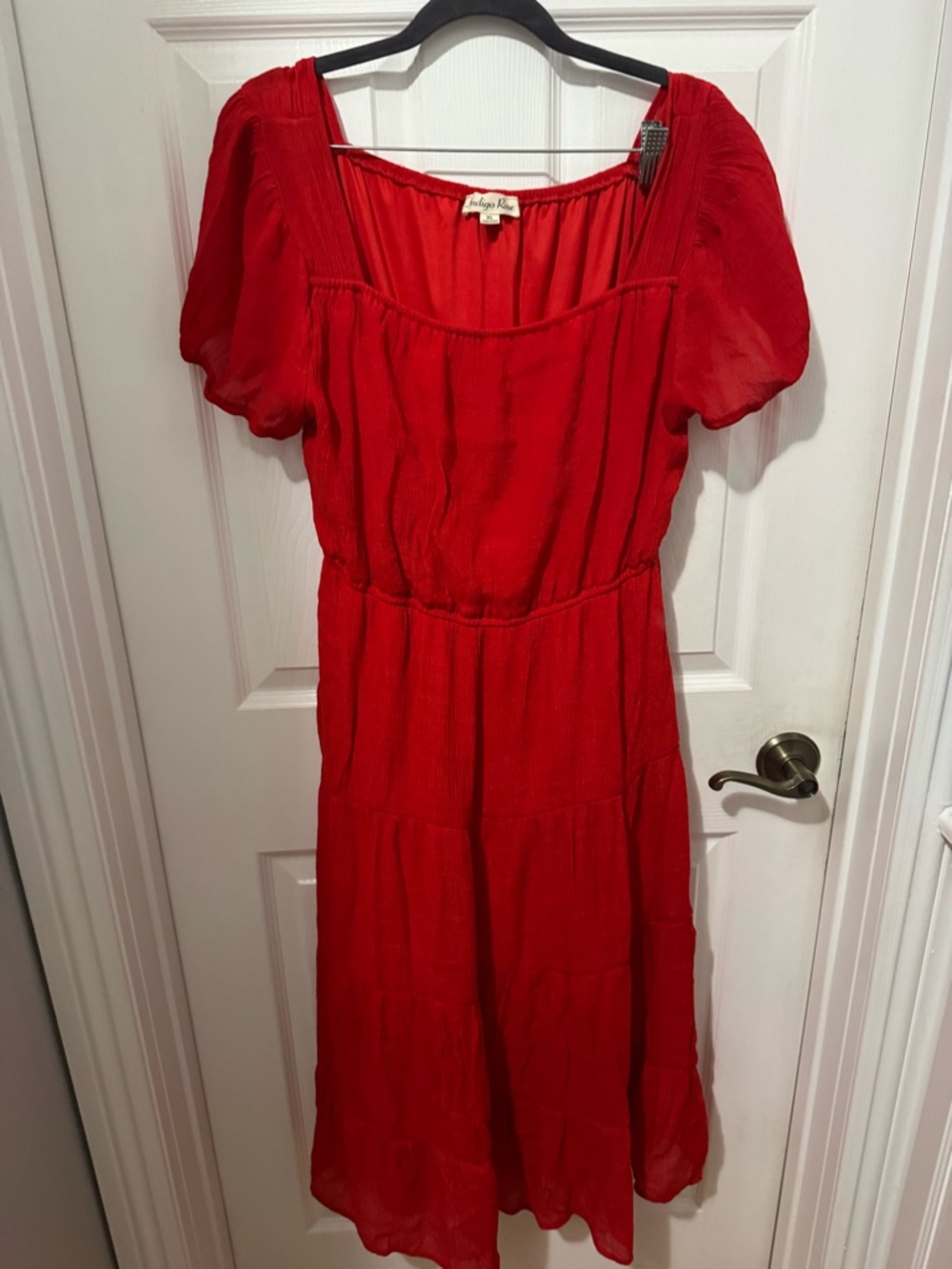 Indigo Red Puff-Sleeve Tiered Midi Dress